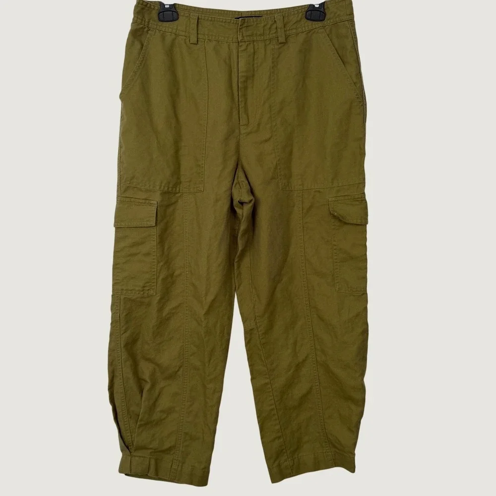 Quince Women Army Green Cotton Linen Twill Cargo Pants M High Rise Utility